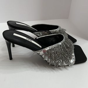 NWT Zara Party Sandals Heels Size 7.5 Open Toe Beaded Sparkly Slip On Sandals